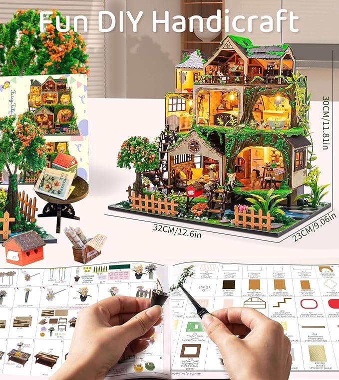 Spilay Miniature Dollhouse Miniature House Kit,DIY Kit Mini Modern Villa Model with Music Box ，Best Christmas Birthday Gift.(Fairy Tale Forest)