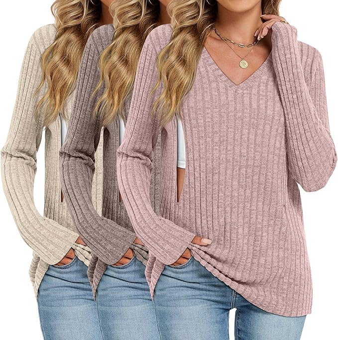 3 Pack Women's Maternity Nursing Tops, V Neck Breastfeeding Sweaters Long Sleeve Hidden Zipper Shirts