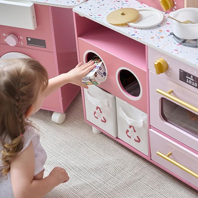Teamson Little Chef Savannah Wooden Montessori Pretend Play Kitchen for Toddlers Kids Ages 3+ Modular Three-Piece Set with Sink Cart Stove & Fridge for Boys and Girls Playset – Pink