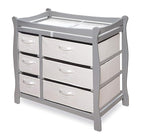 Badger Basket Sleigh Style Baby Changing Table - Diaper Station with 6 Removable Storage Baskets, Safety Rails, Pad, and Belt - Nursery Organizer - Gray/White