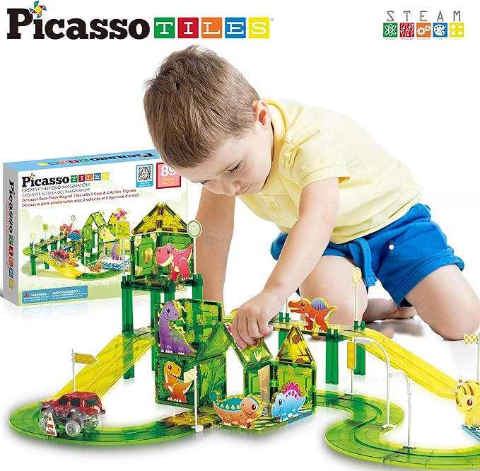 PicassoTiles Dinosaur Magnetic Tiles Racecar Track with 8 Magnet Tile Dino Toys 2 Cars Street Sign Accessory Kit Construction Building Blocks Educational Picasso Toy for Kids Ages 3 and up PTR02