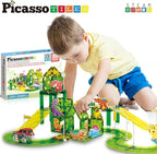 PicassoTiles Dinosaur Magnetic Tiles Racecar Track with 8 Magnet Tile Dino Toys 2 Cars Street Sign Accessory Kit Construction Building Blocks Educational Picasso Toy for Kids Ages 3 and up PTR02