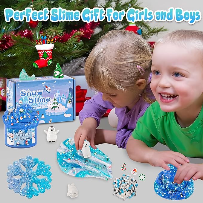 LAWOHO 6 Packs Snow Slime Kit - Butter, Clear, Water, Cloud Slimes, Fluffy Slime Making Kit for Kids with Cute Charms & Add-ins, Blue Kids Slimes Kits for Girls & Boys Birthday Christmas Easter Gifts