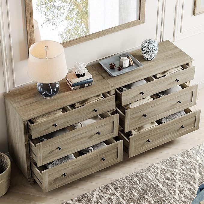 WAMPAT Kids Dresser for Bedroom with 6 Drawers, Rustic Oak Baby Dressers with Wide Chest of Drawers, Modern Wooden Closet Storage Organizer, Large Wood Dressers for Living Room, Nursery, Hallway