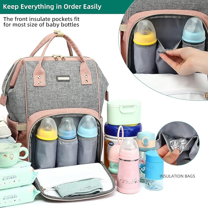 Diaper Bag Backpack, Diaper Bags for Baby Girls Boys, Baby Bags for Moms Dads, Nappy Changing Bag with Insulated Pockets,Multi-functional Waterproof Backpack with Stroller straps-Pink