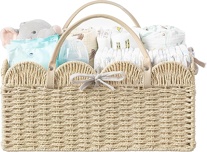HBlife Large Baby Diaper Caddy, Paper Rope Storage Baskets Nursery Bin with Removable Divider, Portable Car Organizer for Diapers, Baby Shower Gifts, Newborn Essentials Must Haves