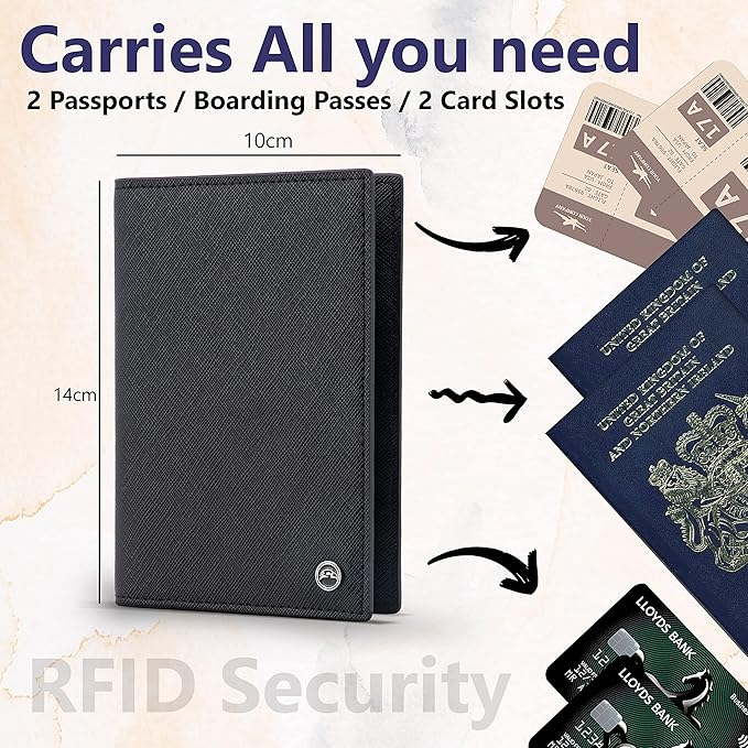 2 Passport Holder - Travel Essentials, RFID Blocking Wallet Credit Card Organiser, Plain Accessories Slim Cover For Men & Women