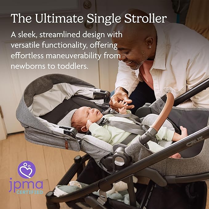 UPPAbaby Cruz V3 Stroller - from Birth + Car Seat Compatible - Full-Size, Reversible Seat - Infant Insert, Bug and Rain Shields Included - Savannah (Pearl Gray Jacquard/Carbon Frame/Chestnut Leather)