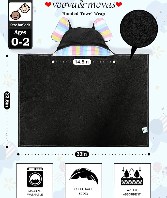 VOOVA & MOVAS Thick Baby Hooded Bath Towel - 100% Cotton,500GSM, 33x31.5 Inches,0-2Years, Super Absorbent Large Towel with Cute Elephant Ears Hood for Newborn, Baby, Infant, Black