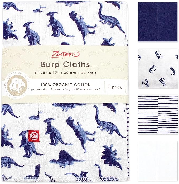 Zutano 5-Pack Organic Burp Cloths for Baby Girl & Boy, Large Cotton Burping Cloths for Babies | Absorbent Baby Spit-Up Rags | Gender Neutral Burp Clothes | Newborn Essentials, Dino Party