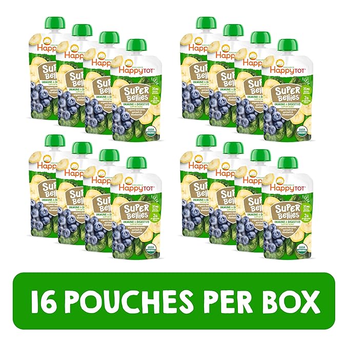 HAPPYTOT Organics Stage 4 Baby Food Pouches, Gluten Free, Vegan Snack, Super Bellies, Fruit & Veggie Puree, Banana, Spinach & Blueberries 4 Ounce (Pack of 16)