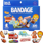 BioSwiss Bandages, Assorted Animal, Fun and Food Shaped Self Adhesive Bandage for Boys, Latex Free Sterile Wound Care, 100 Count