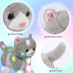 Hopearl LED Plush Kitty Lighting Up Stuffed Animal Cat Floppy Kitten Night Lights Glow in The Dark Birthday Festival for Kids Toddler Girls, Gray, 13.5''