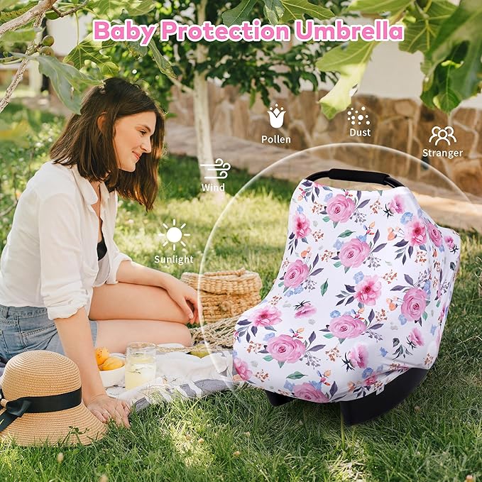 Rquite All-in-1 Car Seat Cover Baby, Carseat Covers for Girl Boy, Stretchy Soft Infant Car Seat Cover, Multi-use Baby Carrier Cover, Car Seat Canopy, Stroller Sun Shade, Nursing Breastfeeding Cover