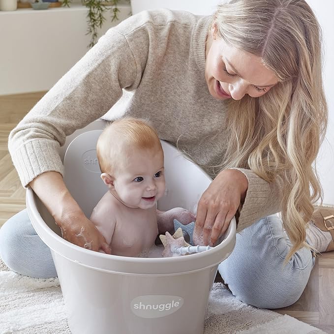 Shnuggle Newborn Baby Bath | Built in Support Bump and Soft Backrest | Suitable from Newborn | Bath Seat Support Includes Plug | Taupe