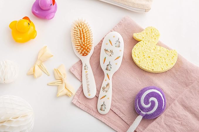 Rock & Ruddle Soft White Natural Boar Bristle Hairbrush for Babies and Young Children. Perfect for Fine Hair Detangling and Smoothing. Little Rabbits Design, Small