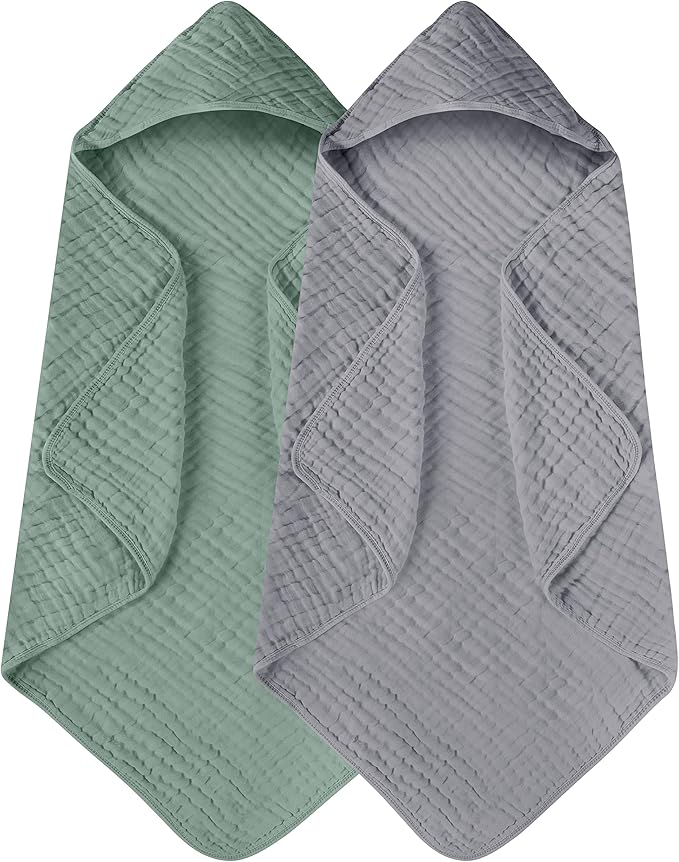 Yoofoss Hooded Baby Towels for Newborn 2 Pack 100% Muslin Organic Cotton Baby Bath Towel with Hood for Babies, Infant, Toddler and Kids, 32x32Inch, Soft and Absorbent Newborn Essential,Grey&Dark Green