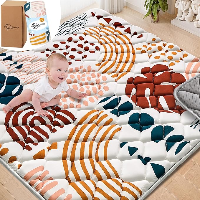 Baby Play Mats for Floor, 43x43 Playpen Mat for Babies, Extra Thicker & Soft Floor Crawling Mat, Foldable Non-Slip Playmat Cushioned for Infants Toddlers, Boho Leaf Design