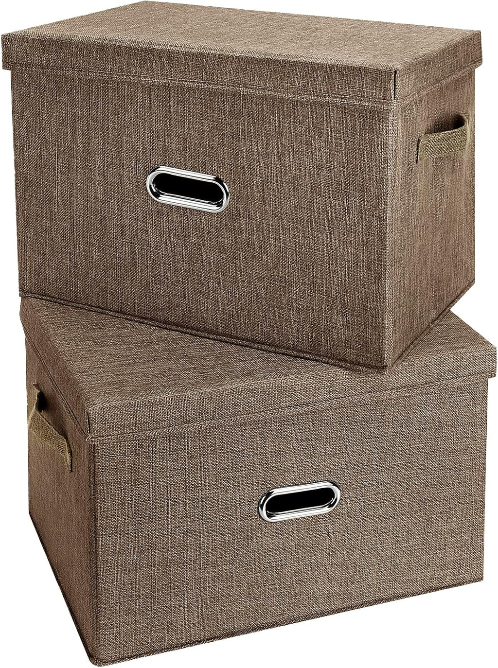 Large Linen Fabric Foldable Storage Bins with Removable Lid and Handles, Washable Storage Box Organizer Containers Baskets Cube with Cover for Bedroom,Closet,Office (Coffee, Medium(2-Pack))