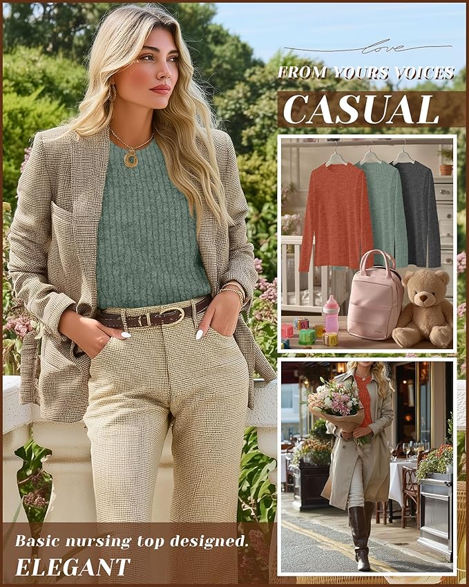 3 Pack Women's Nursing Long Sleeve Tops Breastfeeding Thermal Sweaters with Hidden Zipper Maternity Ribbed Shirts