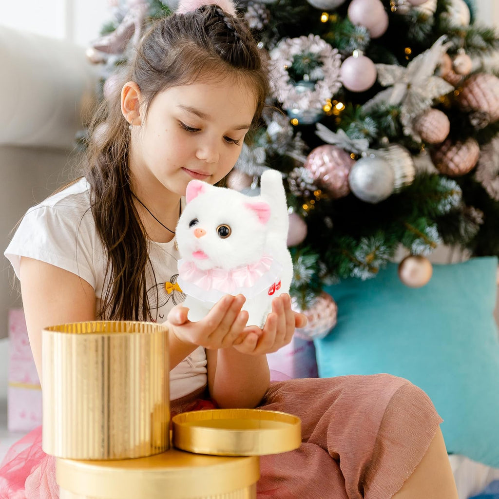 Easfan 7" Walking Plush Kitty Toy Stuffed Animal Electric Interactive with Dress Talking Musical Cute Plush Toy White Cat Tail Wagging Christmas Birthday Gifts for Kids Toddlers