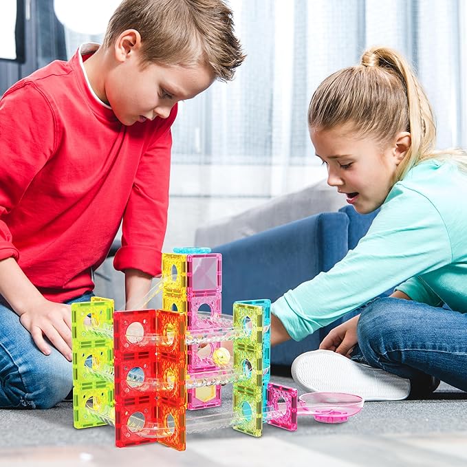 PicassoTiles 60 pc Magnet Tiles Building Block Travel Size Magnetic Marble Run Construction Toy Set Mini Diamond Marble RaceTrack Building Blocks Playset Education STEM Learning Kit Boy Girl 3+ PTMG60