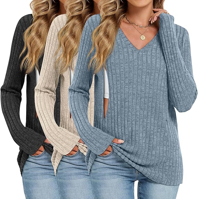 3 Pack Women's Maternity Nursing Tops, V Neck Breastfeeding Sweaters Long Sleeve Hidden Zipper Shirts