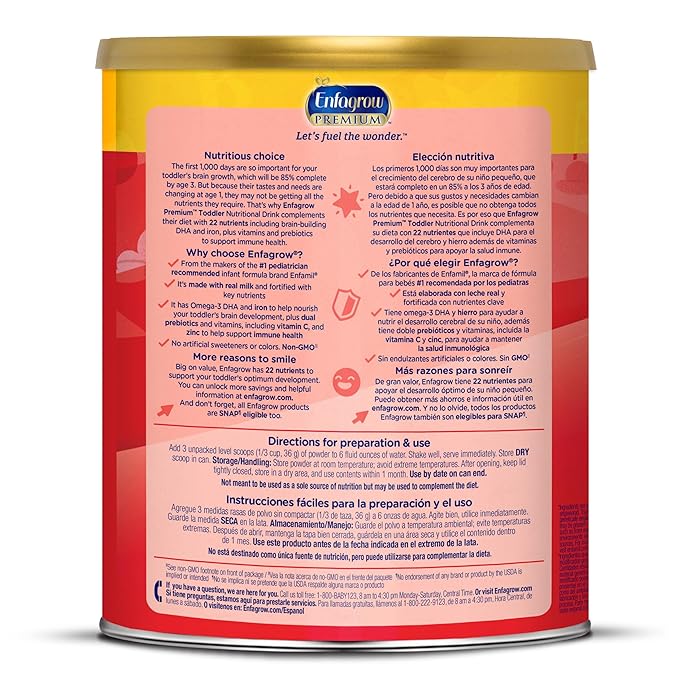 Enfagrow Premium Toddler Nutritional Drink, Made with Real Milk, Brain-Building Omega-3 DHA, Nutrients and Prebiotics for Growth & Immune Support, Non-GMO, Toddler Milk Powder, 32 Oz Can