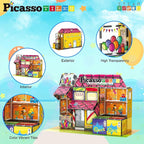 PicassoTiles 60pc Magnetic Building Block Magnet Tile Toy Shop Theme Pretend Play Construction Kit Reconfigurable Printed Structure Double-Sided Printing Education STEM Learning Playset Ages 3+ PTQ50
