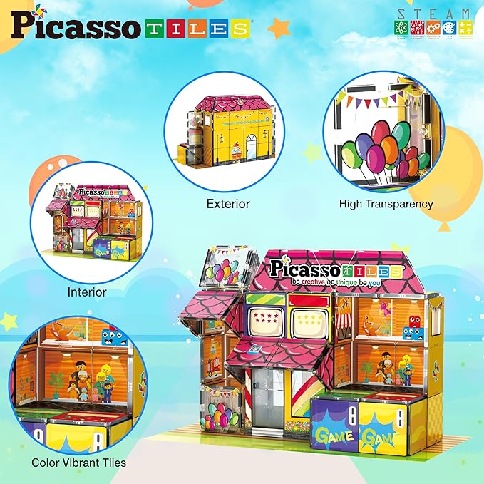 PicassoTiles 60pc Magnetic Building Block Magnet Tile Toy Shop Theme Pretend Play Construction Kit Reconfigurable Printed Structure Double-Sided Printing Education STEM Learning Playset Ages 3+ PTQ50
