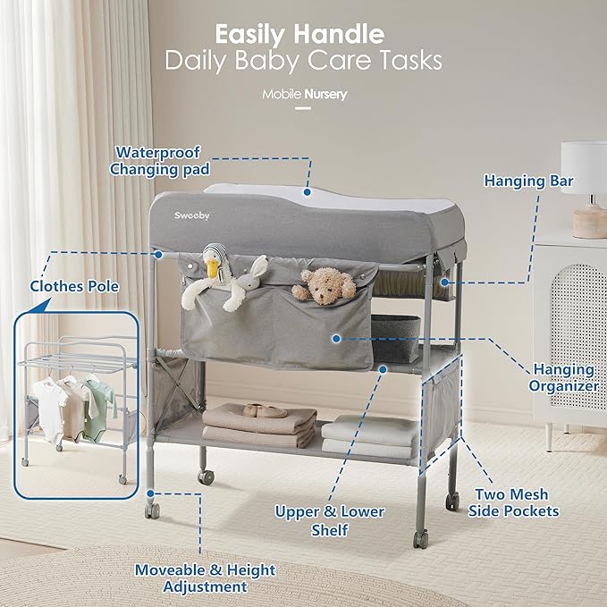 Sweeby Portable Baby Changing Table, Foldable Diaper Changing Station with Waterproof Pad, Mobile Nursery Organizer for Infant & Newborn Essentials, Grey