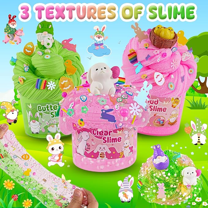 LAWOHO 6 Packs Bunny Pink Slime Kit -Cloud Clear Butter Slimes with Easter Charms & Add-ins, Soft Fluffy Slimes Kits for Girls & Boys, 360ml Pink & Green Easter Slime Making Kit Party Favor for Kids