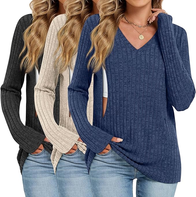 3 Pack Women's Maternity Nursing Tops, V Neck Breastfeeding Sweaters Long Sleeve Hidden Zipper Shirts