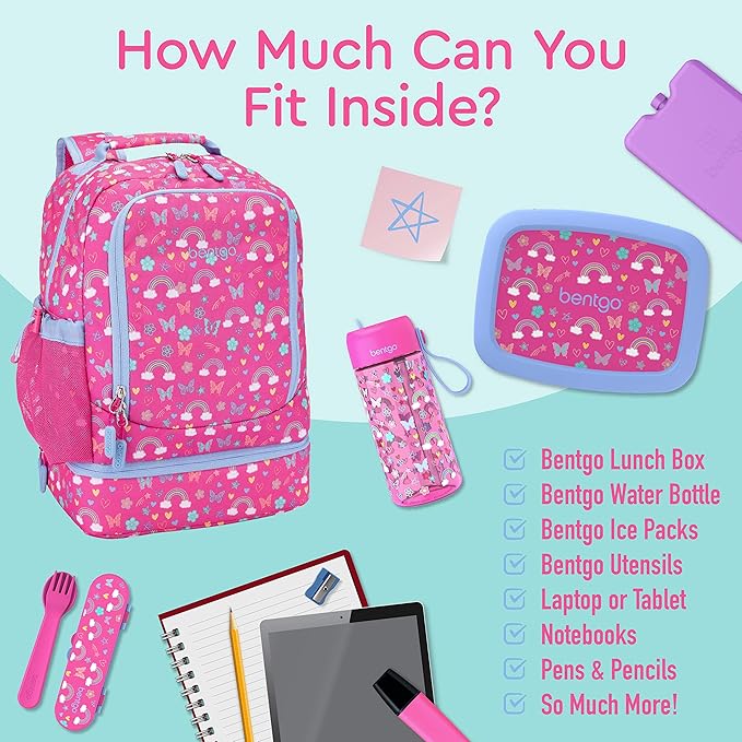 Bentgo Kids 2-in-1 Backpack & Insulated Lunch Bag - Durable 16” Backpack & Lunch Container in Unique Prints for School & Travel - Water Resistant, Padded & Large Compartments (Rainbows & Butterflies)