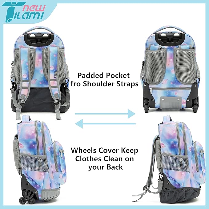 NEW TILAMI 18 inch Kids Rolling Backpack for School with Big Storage, Waterproof, Adjustable Handle - Perfect for Girls & Boys, Blue Star