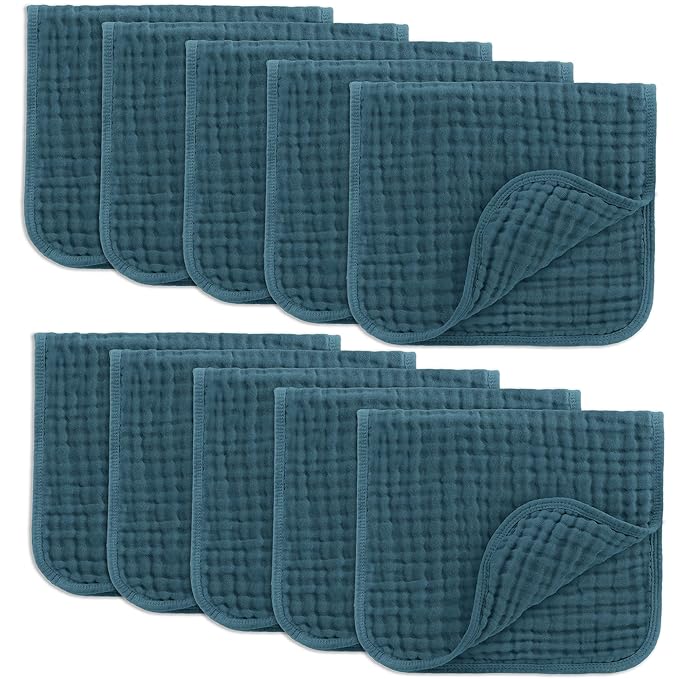 Comfy Cubs Muslin Burp Cloths 20" x 10", Pack of 10 - Large, 6-Layer, Ultra Absorbent 100% Cotton for Baby Drool and Messes - Soft, Safe & Gentle Baby Burp Cloths for Boys & Girls - Neptune