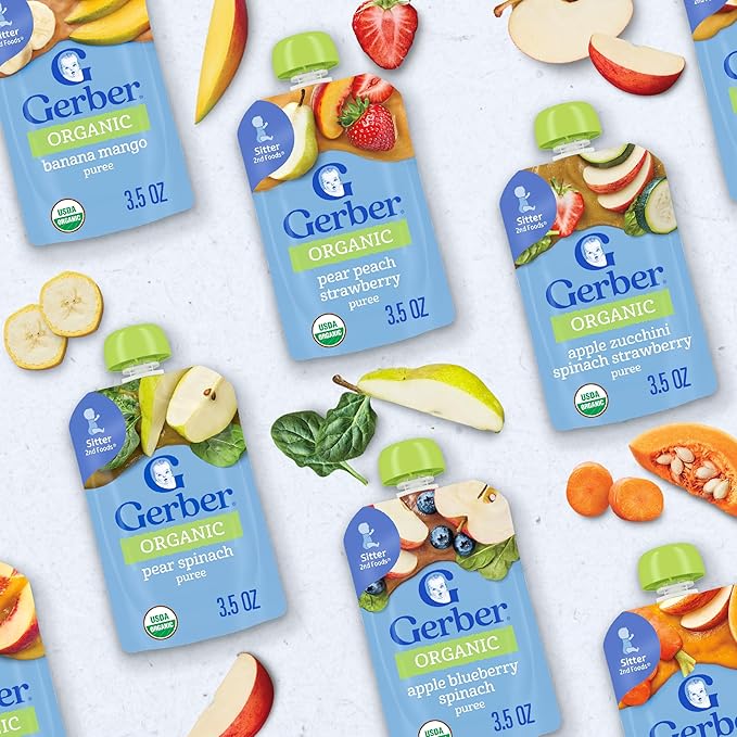 Gerber Stage 2 Baby Food, Organic Pear Peach Strawberry Puree Pouch, 2 Servings of Fruit, No Added Sweetener, No Artificial Colors or Flavors, 12-Pack