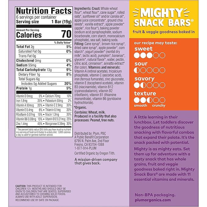 Plum Organics Mighty Snack Bars - Pumpkin and Banana - 0.67 oz Bars (Pack of 6) - Organic Fruit and Vegetable Toddler Food Snack Bars