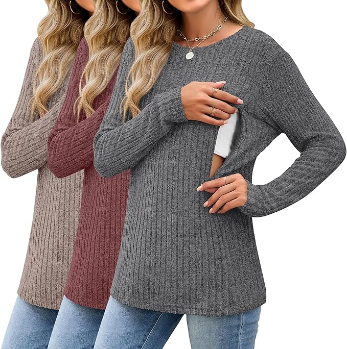 3 Pack Women's Nursing Long Sleeve Tops Breastfeeding Thermal Sweaters with Hidden Zipper Maternity Ribbed Shirts