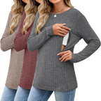 3 Pack Women's Nursing Long Sleeve Tops Breastfeeding Thermal Sweaters with Hidden Zipper Maternity Ribbed Shirts