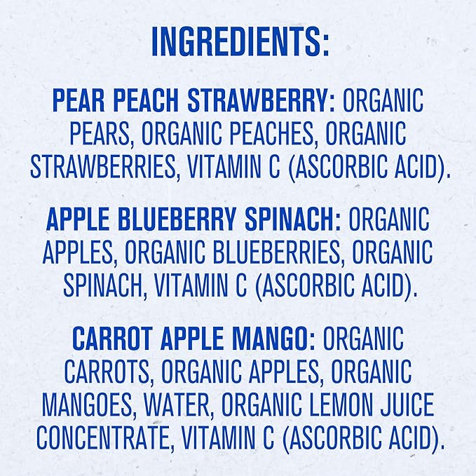 Gerber Stage 2 Baby Food, Organic Apple Blueberry Spinach, Pear Peach Strawberry, and Carrot Apple Mango Puree Pouches, 18-Pack