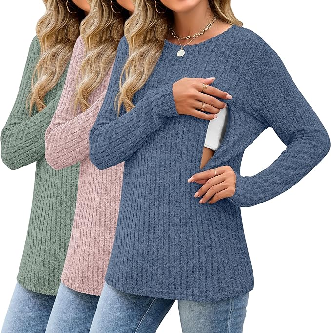 3 Pack Women's Nursing Long Sleeve Tops Breastfeeding Thermal Sweaters with Hidden Zipper Maternity Ribbed Shirts