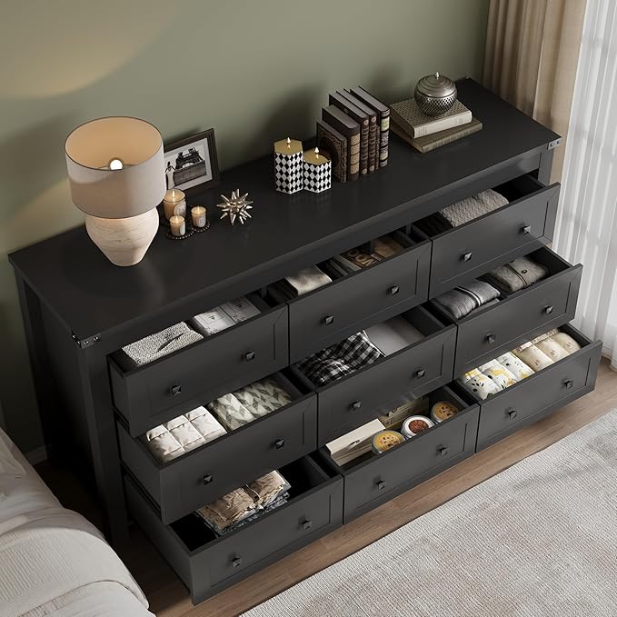 9-Drawer Dresser, Modern Wooden Storage Chest of Drawers, Dresser TV Stand, Wood Drawer Organizer with Metal Handles for Bedroom, Living Room, Hallway