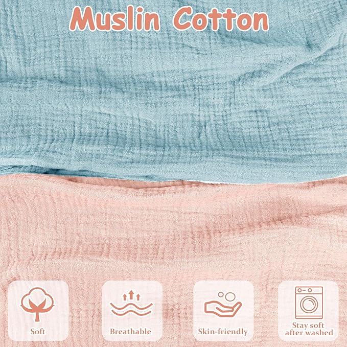 Hooyax Muslin Nursing Pillow Covers 2 Pack, Soft and Breathable Nursing Covers for Breastfeeding Pillows, Adorable Infant Feeding Pillow Slipcover for Baby Boy and Girls (Blue Pink)