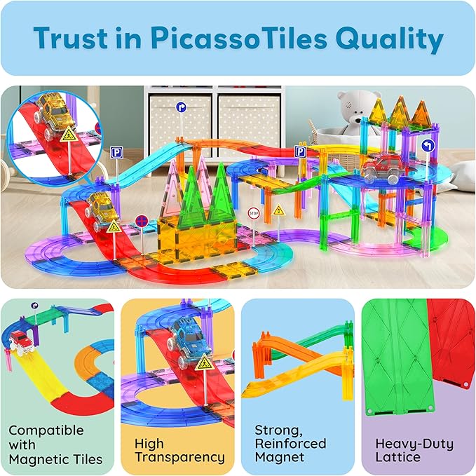 PicassoTiles 6 Piece Magnetic Tiles Race Track Ramp Accessories STEM Building Blocks Toys Magnet Tile Educational Construction Playset Boys Girls Brain Development and Creative Pretend Play Toy PTR06