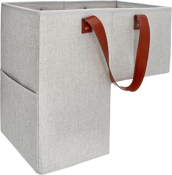 SAM AND MABEL Stair Baskets for Carpeted and Wooden Stairs – 16”L x 9.5”W x 16”H Foldable Staircase Basket with Handles, Stairway Storage Organizer for Home Office Decor (Grayish Beige)