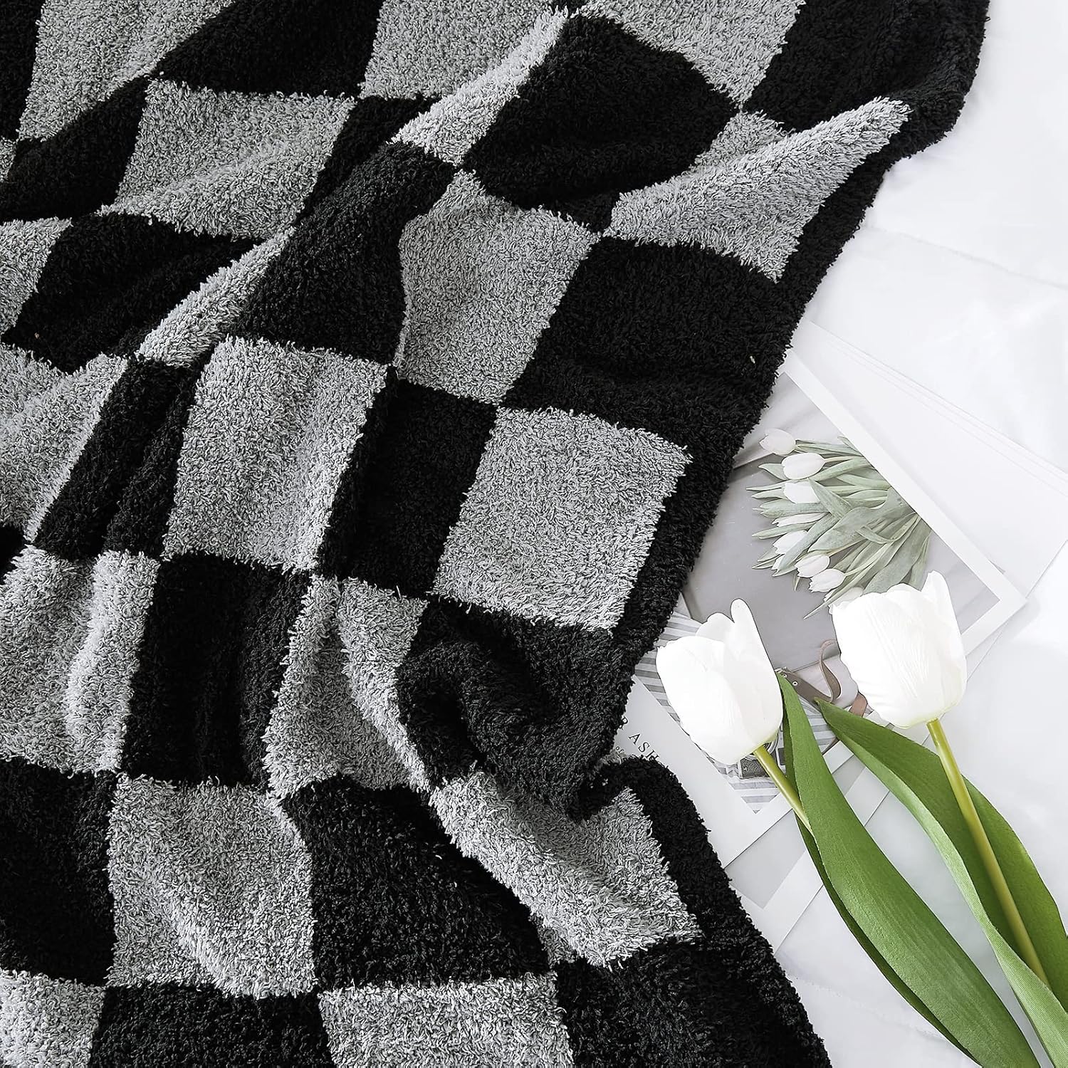 WRENSONGE Checkered Throw Blanket, Black Grey Checkered Soft Cozy Fluffy Warm Hand Made Throw Blankets for Couch, Sofa, Chair, Bed, Picnic,Travel Lightweight Bed Blankets for Men