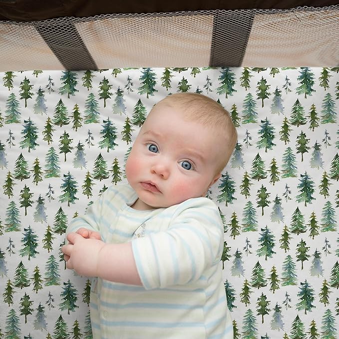 Pack and Play Sheets Fitted, Mini Crib Sheets for Graco Pack N Play Playard (38x26), Ultra Soft Organic Cotton Blend, Safe & Snug Playpen Mattress Sheet for Baby Boys & Girls – Starry Woodland, 2-Pack