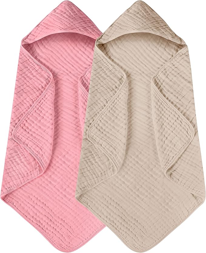 Yoofoss Hooded Baby Towels for Newborn 2 Pack 100% Muslin Organic Cotton Baby Bath Towel with Hood for Babies, Infant, Toddler and Kids, 32x32Inch, Soft and Absorbent Newborn Essential,Bge& Bean Paste