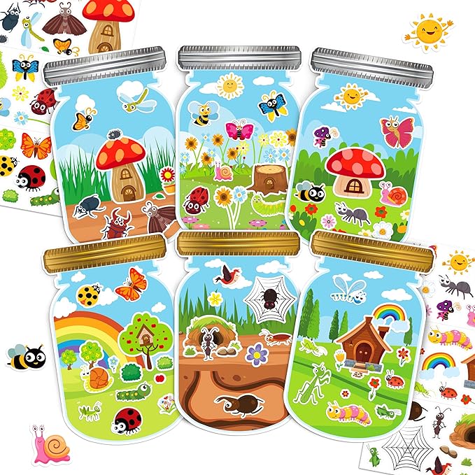 LINAYE 24 Sheets Insect Stickers with Jar Scenes, Make Your Own Bug Jar Stickers, Spring Crafts Activities for Kids Spring Party Decorations Supplies for Kids